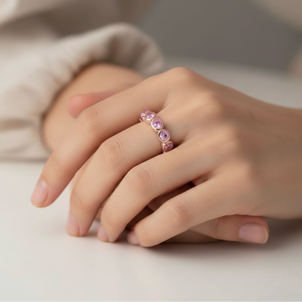 NEW 18K Gold Plated Pink Cz Eternity Ring Clean Girl Aesthetic Minimalist Sz 7